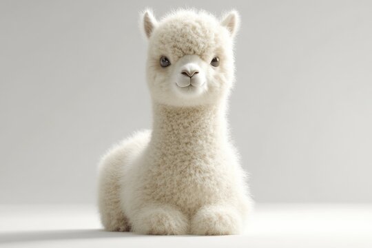 Adorable fluffy white alpaca cria sitting on a plain white background.