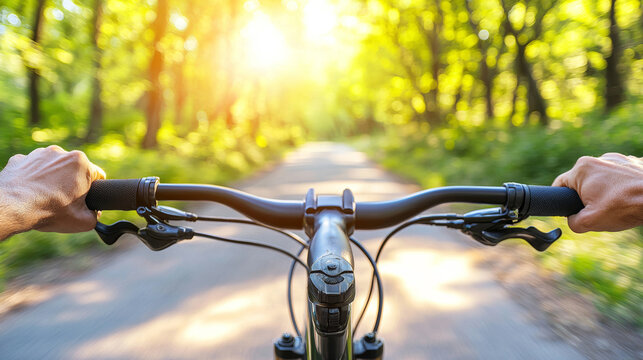 Close-up of commuter man holding handlebars of eco-friendly bicycle on sunny nature path. concept of sustainable transportation, green travel, outdoor commute, environmental awareness - Powered by Adobe