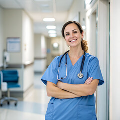 Nurse Smiling in Hospital Corridor, a nurse standing confidently in a hospital corridor, wearing blue scrubs, offering a friendly smile in a healthcare setting