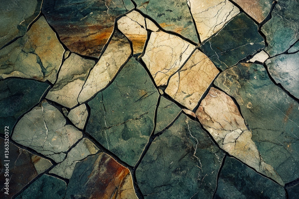 Poster irregularly shaped, multicolored stone pavement. cracks in the stone create a textured surface.