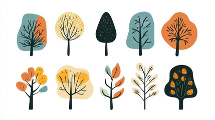 Autumnal stylized tree illustrations; design elements; white background; website graphic