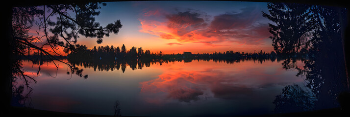 Fototapeta premium Serene Sunset over Tranquil Lake with Vibrant Sky and Reflective Waters Framed by Silhouetted Trees