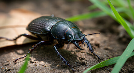 Detailed view of a ground beetle amidst foliage on earthy terrain