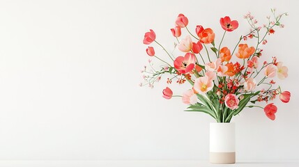   A vase brimming with pink and orange blossoms atop a white table adjacent to a white wall
