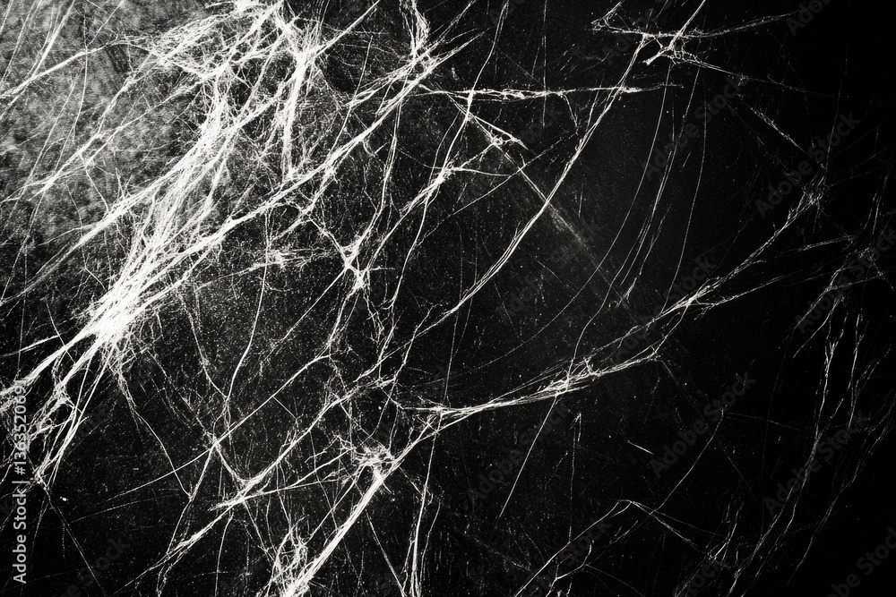 Poster intricate spiderweb-like pattern on a dark background, creating a textured and eerie aesthetic.