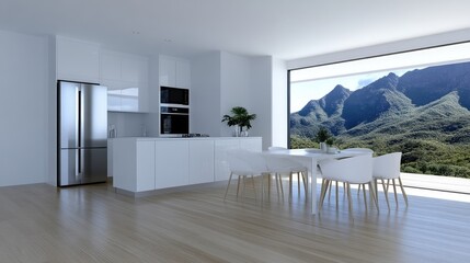 Modern open-plan kitchen with mountain views