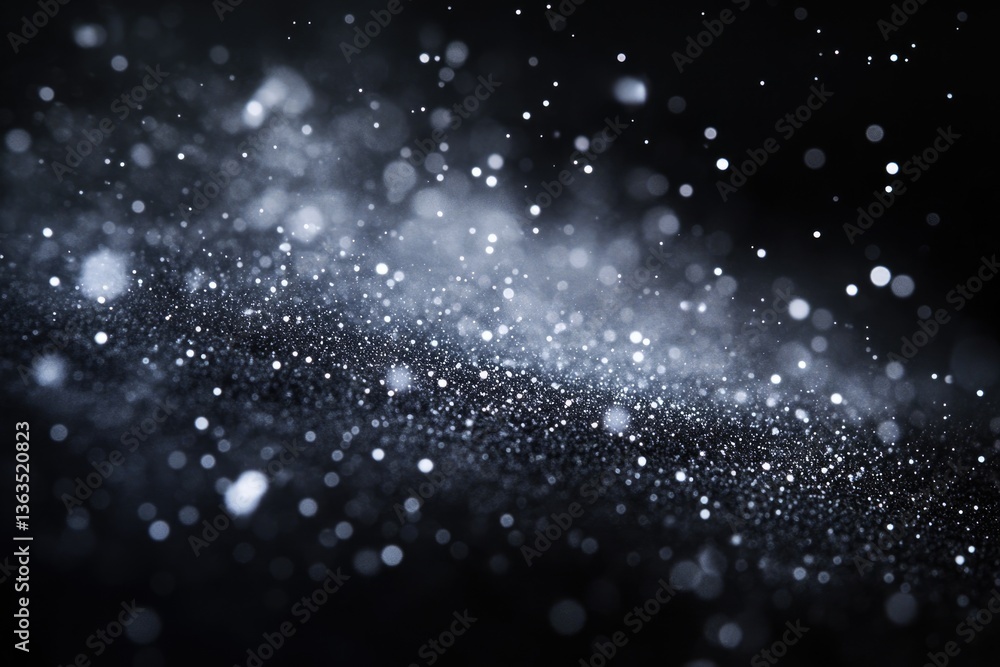 Poster abstract bokeh background with glittering silver particles on dark background.