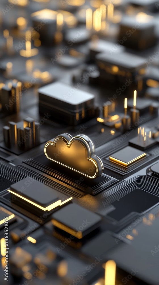 Poster detailed view of a circuit board with cloud symbol and glowing elements highlighting technological i