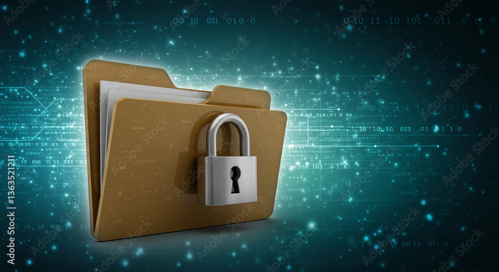 Poster secure digital files safely protected with a strong lock, symbolizing data privacy and security on a