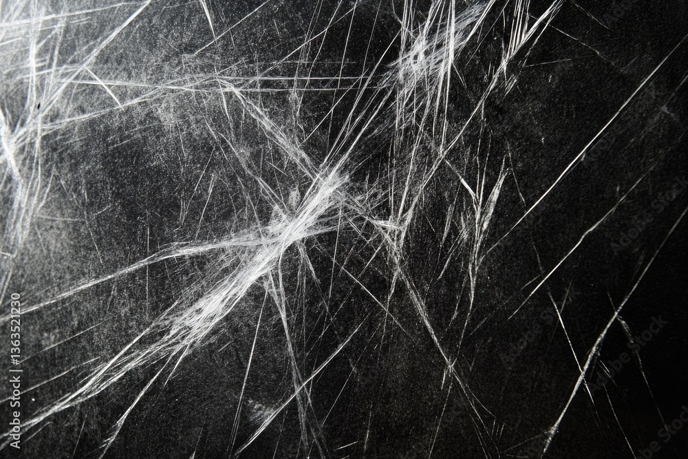 Poster abstract image of a dark surface with a network of thin, white, crisscrossing lines resembling crack