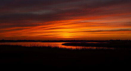 Fototapeta premium Dramatic sunset casts vibrant hues over silhouetted marshland and tranquil waters