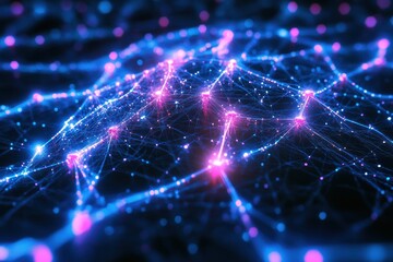 Obraz premium Neural connections illuminated in a cyberpunk style showcasing a brain design with glowing lines and nodes in deep blue and purple hues