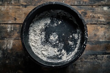 A dark, oval cast iron pan sits on a rustic wooden surface, dusted with flour or powder.
