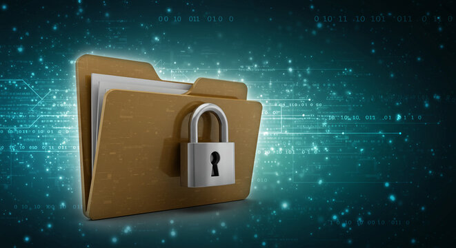 Secure digital files safely protected with a strong lock, symbolizing data privacy and security on a teal digital background.