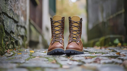 Sustainable eco-friendly boots made with recycled cotton for conscious fashion and outdoor adventures. concept of environmental fashion, rustic decor, nature-inspired footwear, conscious living