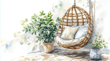 Fototapeta premium Eco style watercolor illustration of cozy reading nook with hanging chair and lush green plants. concept of tranquil relaxation, nature-inspired decor, serene home spaces, artistic comfort.