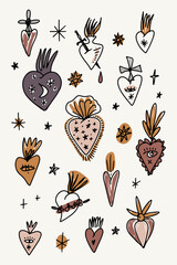 Sacred hearts illustration bundle. Trendy vintage cartoon doodle holy love symbol, ornate style elements. Spirituality, alchemy, magic vibes. Vector clipart design apparel with jpg format.