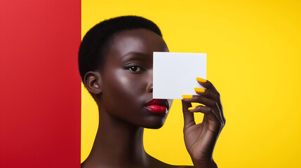 A black woman holds a blank white card near her lips against a vibrant yellow background, creating a striking contrast for branding or mockup purposes.