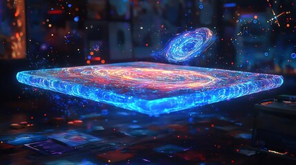 Fototapeta premium Digital artists studio with floating holographic canvas AI powered creative tools and neon outlined abstract design inspirations ultra realistic
