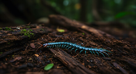 Centipede traversing through decaying forest floor undergrowth in the shadows