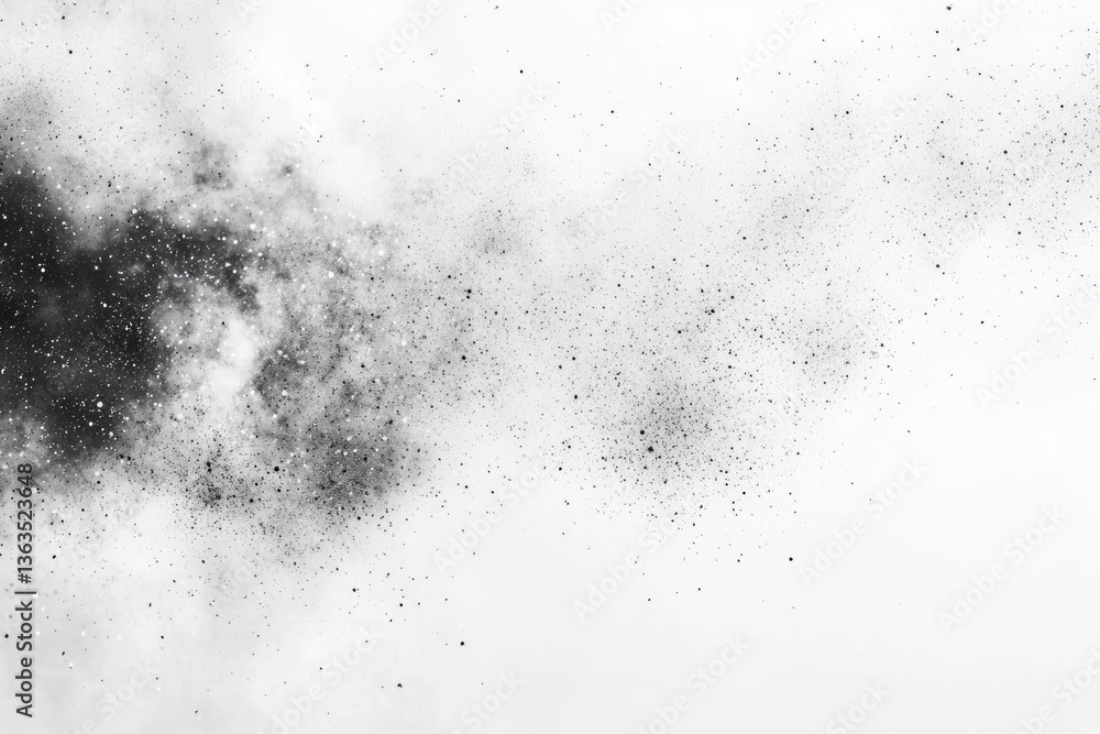 Poster abstract grayscale image depicting a dark nebula-like formation dispersing into a lighter background