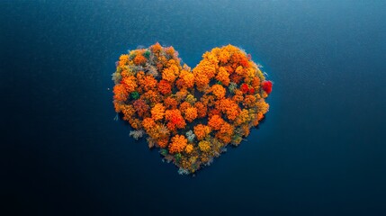 Heart Shaped Island with Autumn Trees, Aerial View of Romantic Fall Landscape Surrounded by Water
