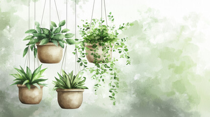 Eco style watercolor illustration of hanging clay pots with greenery. concept of botanical art, sustainable plants, home garden decor, nature-inspired design