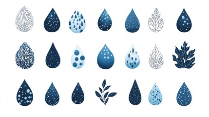 Collection of stylized water droplets with leaf patterns.  Possible use  Illustrations for a nature-themed print or design project