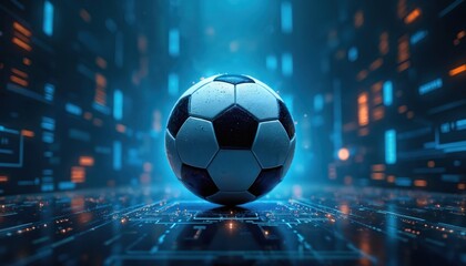 Soccer ball against futuristic blue tech background. Sports tech concept shows dynamic action, innovation, energy. Football match competition, stadium, 3d illustration, active lifestyle, digital art.