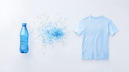 Recycling process of turning plastic bottles into fabric, showing a plastic bottle, crushed material, and a finished t-shirt.