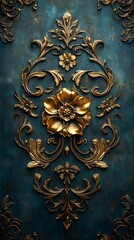 Intricate Gold Floral Design on a Textured Teal Background

