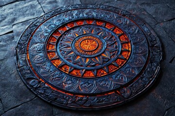 Intricate circular carving with glowing orange center, detailed design and dark blue stone.
