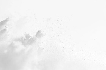 Fototapeta premium Abstract grayscale image of powder explosion, showcasing a dynamic cloud of particles against a white backdrop.