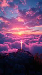 Fototapeta premium Glowing Cross Above the Clouds at Sunset – Symbol of Divine Hope