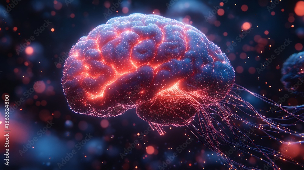 Poster human brain dissolving into thousands of glowing data particles symbolizing the transition from biol