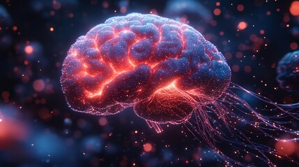 Human brain dissolving into thousands of glowing data particles symbolizing the transition from biological to digital existence Ultra detailed neuron textures soft blue and purple hues cinematic glow