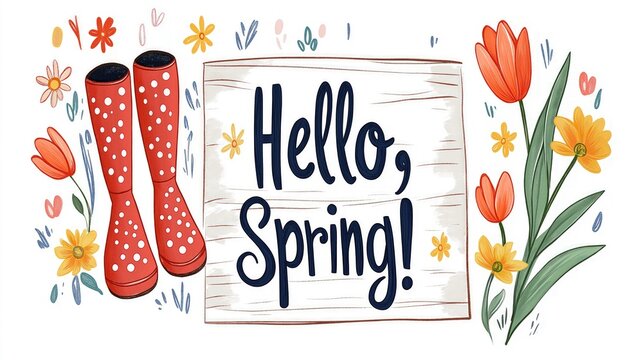 Red polka dot rain boots stand near wooden sign hello, spring, surrounded by flowers 