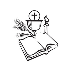 holy communion icon with chalice, candle and bible isolated on white background
