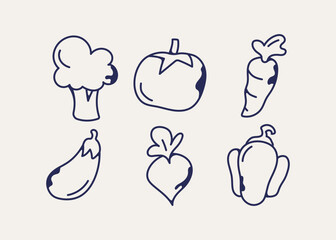 Playful hand-drawn vegetable doodles featuring broccoli, tomato, carrot, eggplant, radish, and bell pepper
