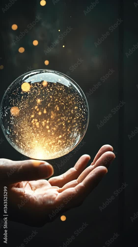 Poster hand holding a glowing orb with particles at an artistic display in a dimly lit setting