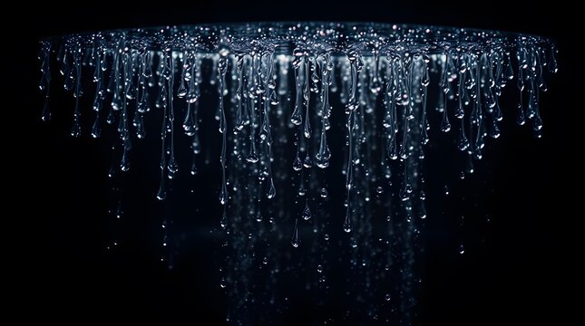 Close-up shot of water droplets falling from a shower head against a dark background. - Powered by Adobe