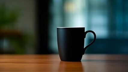 Fototapeta premium plain black mug on wooden table with blur background,tea,table