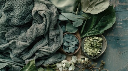 Obraz premium moodboard of interior design, green and beige soft linen fabric 