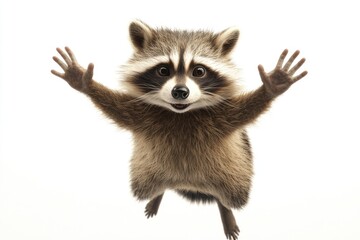 A playful raccoon with paws raised, seemingly reaching through a transparent surface. 