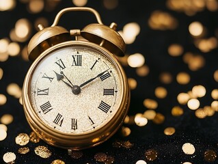 A golden analog alarm clock sits on a shimmering black surface