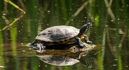 Fototapeta premium Turtle basking in the sunlight on a rock at the water surface of the pond