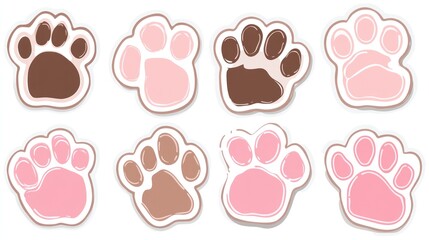 Fototapeta premium Eight animal paw prints, various colors, white background, for art or design use