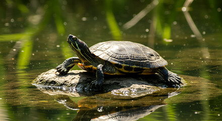 Obraz premium Turtle sunbathing on a rock amidst a serene pond environment enhancing its vitality