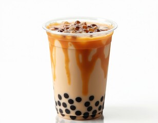 Refreshing iced brown sugar milk tea with tapioca pearls. Sweet dessert drink, perfect for summer refreshment. Bubble tea drink with milk, syrup, ice. Tasty beverage with chewy bubbles. Popular in