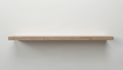Floating wooden shelf on white wall. Minimalist storage solution for modern interior design. Simple, elegant decor element. Space saving, practical solution for home office. Perfect for display